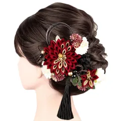 髪飾り 成人式 つまみ細工 水引 シフォンジョーゼット パールビーズ 房 ゴールド 振袖 前撮り 袴 花 葉 赤 黒 ダークグレー 紫 No.9-5551