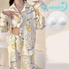 美品 ちいかわ　ハチワレ　ウサギ　ちいかわ　パジャマ 胸当て付き　上下セット　長袖　 シャツとズボン　春秋冬　部屋着 可愛い プレゼント　ギフト