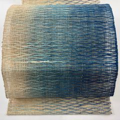 名古屋帯 美品 秀品 夏帯 八寸名古屋帯 松葉仕立て よろけ縞 ベージュ 麻 【中古】