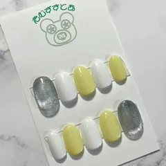 ㉑【ネイルチップ】ジェルネイル 春ネイル パステル マグネットネイル シルバー ホワイト イエロー シンプルネイル ガーリー 可愛い オフィスネイル オリジナル サイズ変更可 オーダー受付中