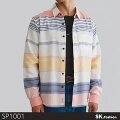 美品 SIMPLE LIFE シンプルライフ トップス 長袖ワイシャツ ボーダー柄 パステルカラー 胸ポケット カジュアル 　ピンク　 【SP1001-00】 送料無料　古着　メンズのサムネイル