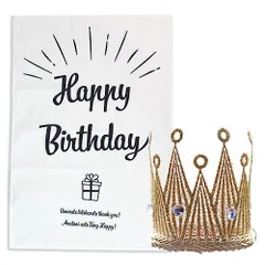 Happy Birthdayタペストリー＋ゴールド王冠 [TOKYO ART] 新生児用 ベビー 王冠 バースデー タペストリー セット 誕生日 デコレーション 装飾 髪飾り ティアラ クラウン コスチューム 月齢フォト キッズ 誕生日 初節句 記念写真 記念