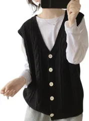 J.STORE ケーブル編み ニット ベスト カジュアル ゆったり きれいめ トップス 通学 Vネック(ブラック,  L)