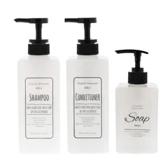 リビング ディスペンサー ポンプボトル スクエア シャンプー＆コンディショナー ホワイト 600ml×2個 ソープボトル 400ml×1個 (レギュラータイプ)、計3個セット