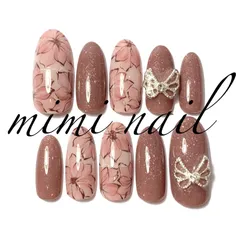 現品限り ピンクベージュ＆フラワー蝶ネイルチップ ハンドメイド ロング ジェルコート済
