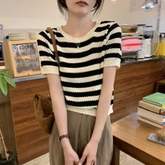 レディース トップス カットソー ニット 半袖 ラウンドネック スリム 細身 レース かわいい 大人可愛い カジュアル 上品 おしゃれ ボーダー 夏 XS S M L XL ブラック イエロー