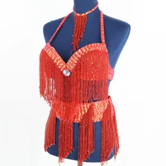 【ベリーダンス用オリエンタル衣装】レッド スパンコールラメ ビーズ 豪華 真っ赤 煌びやか 鮮やか 綺麗 アクセサリー付き ブラトップ ベルト