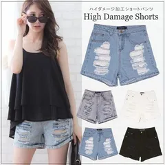 ハイダメージ加工ハイウエストデニムショートパンツ クラッシュ加工 デニムショーパン 短パン ハイウエストショーパン デニムパンツ