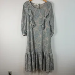 CANEZOU ロングワンピース 長袖 花柄 総柄 フリル ティアード ラウンドネック シワ加工 アースカラー くすみカラー グレイッシュブルー ピンクベージュ Lサイズ レディース 古着 レトロ