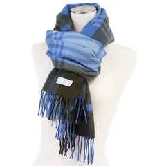 【美品】Joshua Ellis ジョシュア エリス マフラー 大判 フリンジ カシミヤ100% モダンタータンチェック ストール メンズ レディース ユニセックス ブルー 青 イギリス製