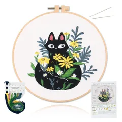 【新着商品】ALLMIRA 刺繍キット 初心者 セット ししゅうキット 刺しゅう クロスステッチ 手作り DIY刺繍工具 刺繍 枠 20CM1本 刺繍糸 刺繍用布1枚 刺繍針2本 英語説明書付き (ねこ 黒 1個入)