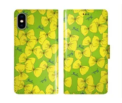 [iPhone12 Pro Max] iPhone16 ケース スカラー スマホケース 手帳型 iPhone16 Pro ケース アイフォン16 15 14 13 12 11 スマホカバー 全機種対応 手帳 ScoLar イエロー リボン グリーン総柄 ダイア