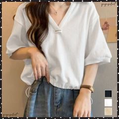 Vネックポロ襟カットソー レディース夏服 半袖ポロシャツ 着やせショート丈カットソー カジュアルスキッパーtシャツ 着回し襟付きトップス 裾ドロストTシャツ韓国風 おしゃれ夏t 無地 短い丈カットソー黒 可愛いプルオーバー