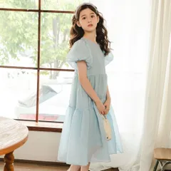 ☆ ライトブルー ☆ 150cm ☆ 子供ワンピース パフスリーブ ワンピース キッズ 半袖 キッズワンピース 半袖ワンピース パフスリーブ 女の子 女子 かわいい おしゃれ 子供服 こども服 シンプル 無地 フェミニン リゾート パーティ お出掛け ガーリー