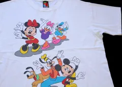 90s USA製 Disneyディズニー ミッキー&ミニー マウス ドナルド&デイジーダック グーフィー プルート コットンTシャツ 白★オールド