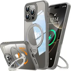 [360°ゼンマイ式スタンド！伝統を破る！]Rosycover iPhone 16 Pro Max 用 ケース クリア Magsafe 対応 [定点回転スタンド・超絶安定性][極透明・美しさを還元]マグセーフ ワイヤレス充電対応 アイホン16プロマックス 