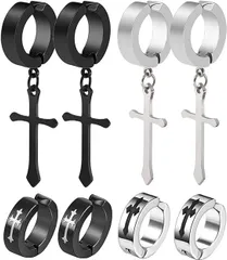 【在庫処分】GOKEI フェイク ピアス 十字架 ピアス めんず クロス リングピアス ノンホール フープ イヤリング イヤーカフ フェイクピアス メンズ ユニセックス 【4種ペア8個セット】