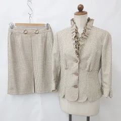 イタリヤ 伊太利屋 スーツ ジャケット フリル スカート ひざ丈 タイト 千鳥格子 ベージュ ブラウン 茶 7のサムネイル