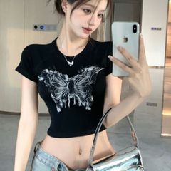 トップス 半袖 モチーフ バタフライ 蝶 ショート丈 細身 夏 レディース 韓国ファッション カットソー 個性派 クロップド おしゃれ 映え 短丈