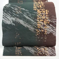 【美品】 開き名古屋帯 秀品 幾何学 銀糸 深緑 正絹 【中古】