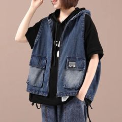 レディース デニムベスト アウター ノースリーブ カジュアル 春秋 ゆったり 可愛い 大きいサイズ フード付き LCDA191(2色S-3XL)