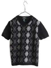 【お得なクーポン配布中!】 90s LAUREN ラルフローレン ラム ウール 半袖 ニット セーター レディース XL 古着 90年代 オールド アーガイル 総柄 大きいサイズ 黒 ポロ