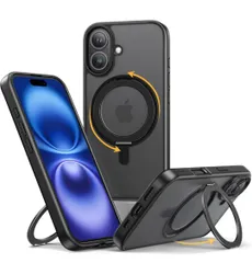 ★NIMASO iPhone 16 用 ケース 縦横両対応 360°回転スタンドケース MagSafe対応 携帯スマホケース リングマグネット搭載 カバー いPhone16対応 ワイヤレス充電 （6.1インチ） ブラック （黒羽シリーズ）NSC24G1344