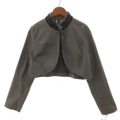 ヒロコビス HIROKO BIS ジャケット マオカラー クロップド丈 ビーズ スパンコール 刺繍 コットン混 グレー系 グレーブラウン 9