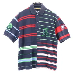 【中古】 トミーヒルフィガー クレイジーパターン ボーダー 半袖 ポロシャツ M 紺系 TOMMY HILFIGER 鹿の子 リメイク メンズ 【R210812】