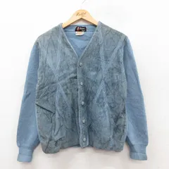 M/古着 長袖 ニット カーディガン メンズ 70s スエード使用 ウール 薄紺 ネイビー 25sep30 中古 トップス