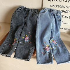 キッズお花刺繍デニムブラック【90-150】おしゃれ　女の子　ロングパンツ セール価格