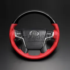 クラウン 210系 幾何学調黒木目×ロッソコルサレッド ガングリップ ウッド パンチング本皮調レザーステアリング フェガーリ LUNA