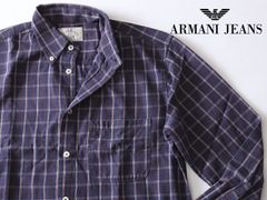 中古★ARMANI JEANS アルマーニ ジーンズ★オーバーサイズチェック柄長袖ワイシャツM【本物保証】ネイビーパープル紺紫【K6C22B7】男女兼用