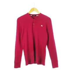 バーバリーブラックレーベル BURBERRY BLACK LABEL Tシャツ カットソー ヘンリーネック 長袖 リブ ロゴ刺繍 ストレッチ 2 M 紫 パープル 赤紫 グレープ /CK4 ■GY11