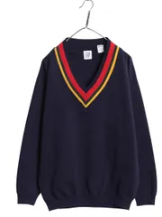 【お得なクーポン配布中!】 90s オールド ギャップ Vネック スウェット メンズ レディース M / トレーナー 裏起毛 チルデン タイプ プルオーバー 針抜き ライン入り 紺