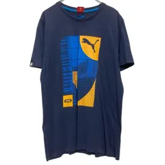 PUMA 半袖 プリントTシャツ M ネイビー オレンジ プーマ スポーツ クルーネック 古着卸 アメリカ仕入 a703-6337