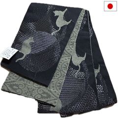 半幅帯（ねこ柄：ブラック系）日本製 ロング 長尺 リバーシブル 細帯 浴衣 着物 小紋 レディース 女性 和装 和服