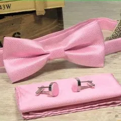 蝶ネクタイ チーフ　カフス　３点セット ピンク色　無地　ワンタッチ 結婚式　発表会 パーティー イベント ダンスパーティー バーテンダー スーツ ワイシャツ　メンズネクタイ ポケットチーフ カフスボタン 3点 セット　卒園式　卒業式　入学式　入社式　父の日
