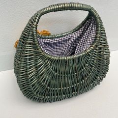 編み込み花付きかごバッグ　グリーン
