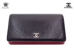 シャネル カメリアライン 型押し 二つ折り 長財布 ロングウォレット ラムスキン ブラック×ピンク CHANEL【Used 通常品】