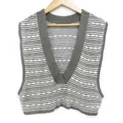 サマンサモスモス SM2 ブルー blue ニットベスト プルオーバー ショート丈 ノースリーブ Vネック ボーダー柄 F 白 グレー ホワイト /FF36
