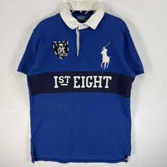 古着 ポロバイラルフローレン Polo by Ralph Lauren 鹿の子 半袖 ラガーシャツ ラバーボタン ビッグポニー ワッペン M  ブルー系 ツートン メンズ