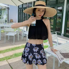 ☆ ブラック×デイジー ☆ M ☆ 水着 レディース 体型カバー水着 水着 レディース ビキニ スカート レース フレアースカート タンキニ スイムウェア セパレート ハイネック トップス おしゃれ オシャレ パッド付 体型カバー ハイウエスト 大人 女子