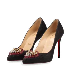 Christian Louboutin クリスチャンルブタン CORALTA MIA 100 スタッズ ハート スエード × ファブリック パンプス レディース 34.5 ブラック × パープル イタリア製