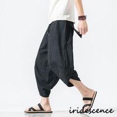 メンズ サルエルパンツ 大きいサイズ 七分丈 アラジン ワイド ハーフ ゆったり 縦縞 縦ストライプ ユニセックス 綿麻 エスニック 袴パンツ 