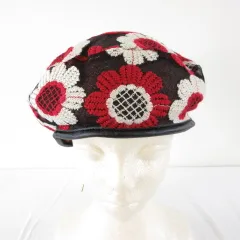 カシラ CA4LA ベレー帽 帽子 花柄 刺繍 黒 赤 *T218