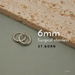 ［ST.BORN］【6㎜】316Lサージカルステンレス　ミニフープピアス　シンプル　シルバーカラー　18金ホワイトゴールドメッキ　両耳2個セット メンズレディース　キャッチレス　中折れ式（16-004）