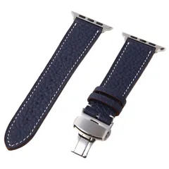 アップルウォッチ バンド 牛革カーフレザー 高級ベルト ネイビー【刻印あり】全シリーズ対応【40/41/42mm / 44/45/46mm】シルバーバタフライバックル