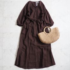 ♪美品【nano universeナノユニバース】リネンワンピース サイズ38 ブラウン ヨーロピアンフラックス 洗える 七分袖