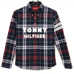 ★特価★トミーヒルフィガー 長袖ポロシャツ ネイビー×白 チェック 胸ロゴプリント レディース L ゴルフウェア Tommy Hilfiger Golf